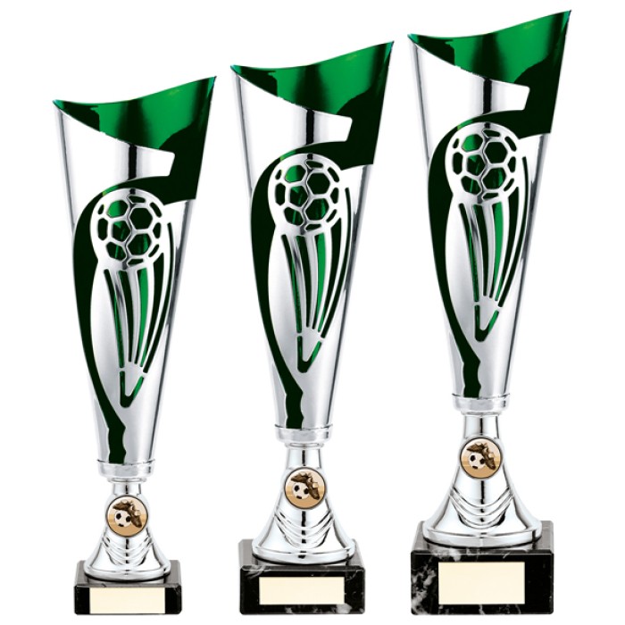 CHAMPIONS CUP GREEN / SILVER LASER CUT FOOTBALL METAL CUPS  - AVAILABLE IN 3 SIZES (32.5CM - 36CM)